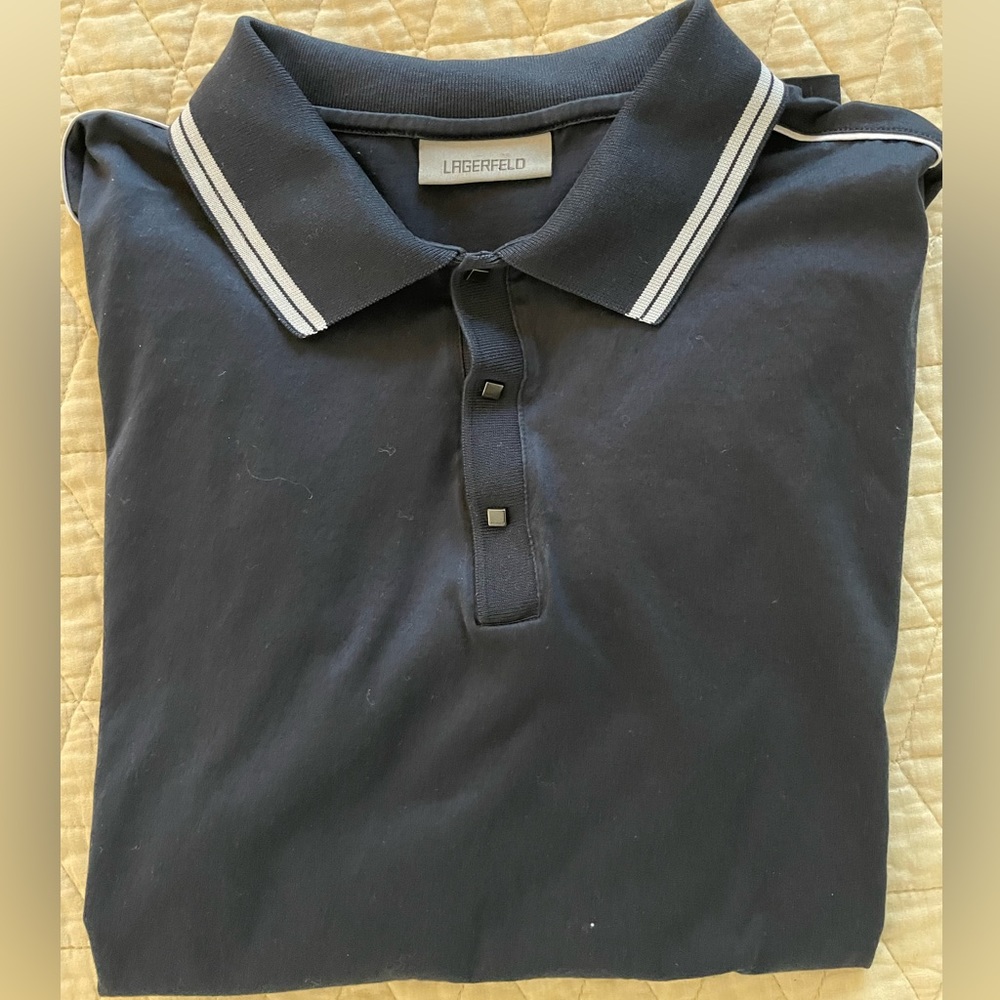 LAGERFELD Tipped Collar /‎ Sleeve Gun Metal Snap Placket Polo Shirt in Black XL